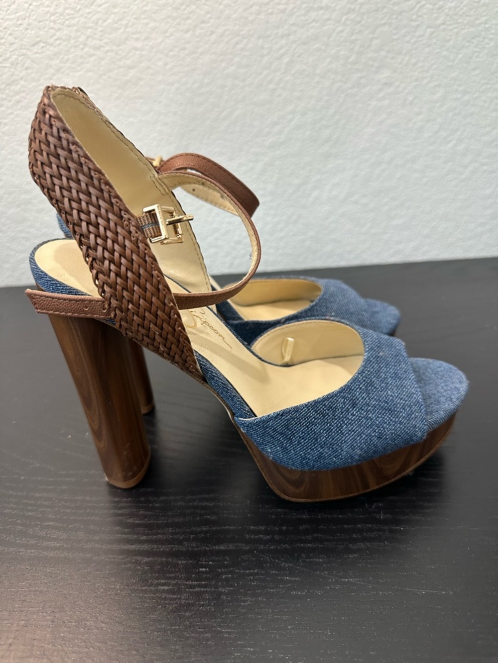 Jessica Simpson Denim & Brown Woven Platform Sandals